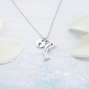 Dainty personalized initial dolphin necklace. Silver dolphin necklace. Birthstone necklace. Gift for water lover, swimmer, scuba diver.