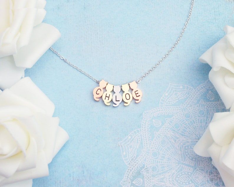 Choose silver, gold or rose gold cat necklace pendant. Personalized cat monogram initial necklace. Elegant and dainty cat necklace image 2