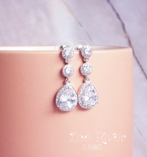 Prom Sparkly Silver Earrings Dainty Silver Cubic Zirconia Earrings