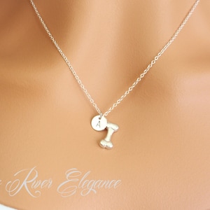 Dainty silver dog bone and personalized initial necklace. Dog bone pendant. Personalized dog bone necklace