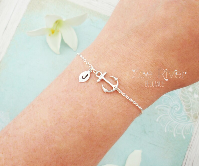 Choose rose gold, silver or gold personalized anchor and initial bracelet. Dainty anchor bracelet. Rose gold anchor bracelet. image 1