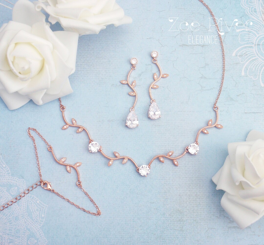 Elegant Rose Gold Leaf Vine Branch Earrings Bracelet Etsy UK