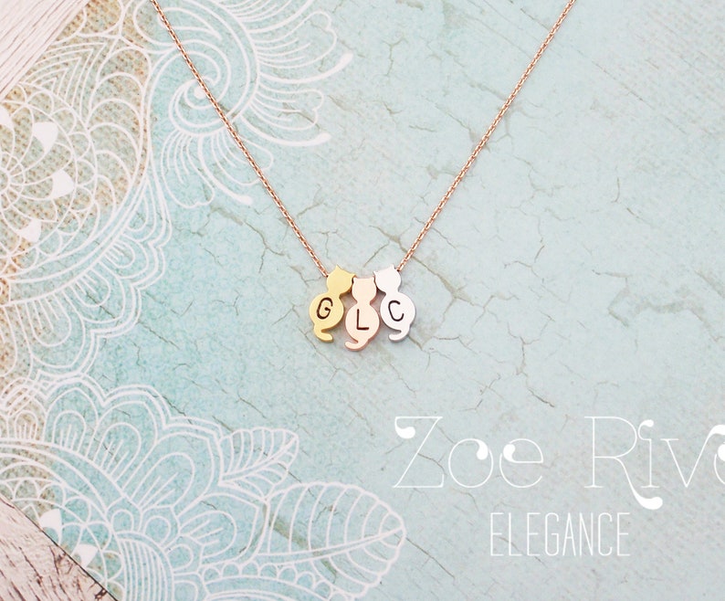 Choose silver, gold or rose gold cat necklace pendant. Personalized cat monogram initial necklace. Elegant and dainty cat necklace image 1