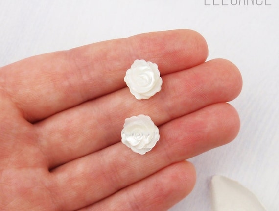 White shell rose mother of pearl stud earrings. Nickel free elegant white carved shell flower studs, 925 sterling silver, titanium, steel