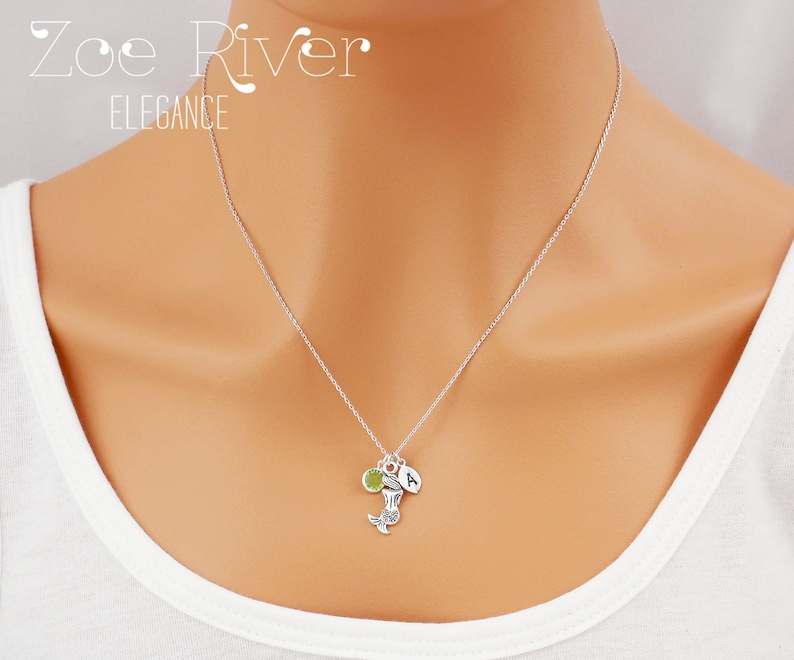 Personalized mermaid birthstone necklace. Choose silver or gold mermaid necklace. Elegant and dainty engraved initial neckalce image 4