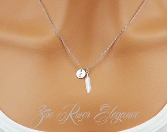 Personalized feather, birthstone and initial necklace. Silver feather necklace. Dainty birthstone monogram necklace