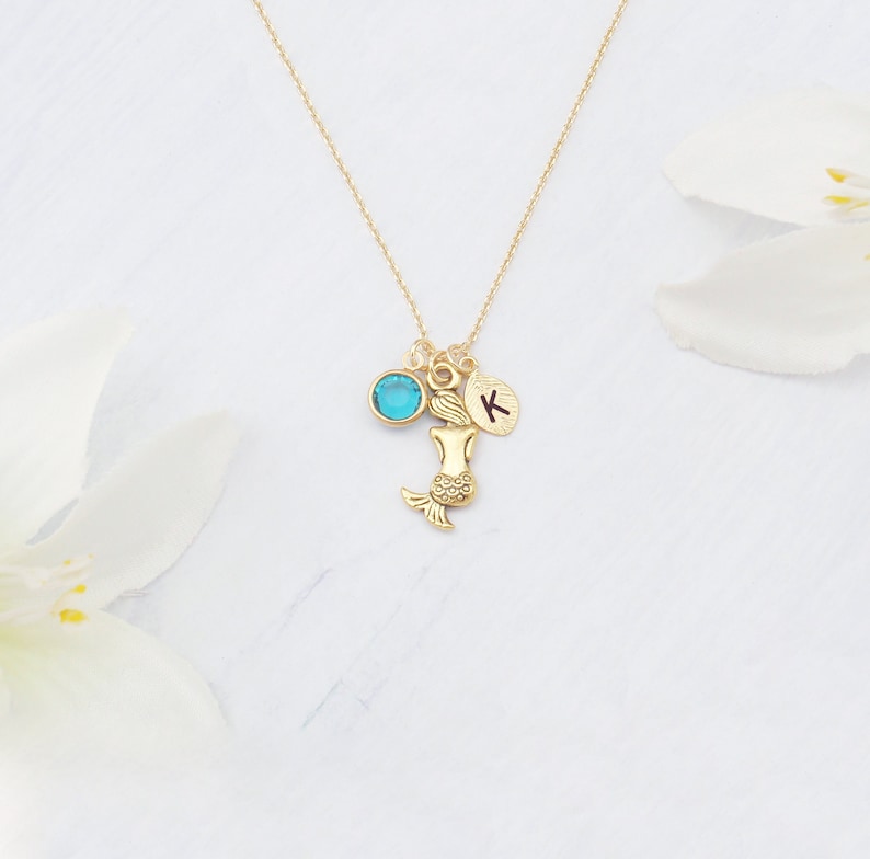 Personalized mermaid birthstone necklace. Choose silver or gold mermaid necklace. Elegant and dainty engraved initial neckalce image 1