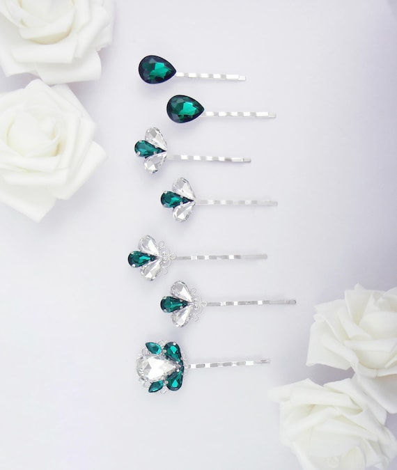 Emerald Green Vintage Style Crystal Bridal Hairpins. Elegant  display picture 1