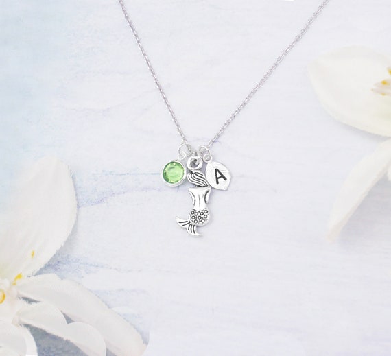Personalized Mermaid Birthstone Necklace. Choose Silver or Gold
