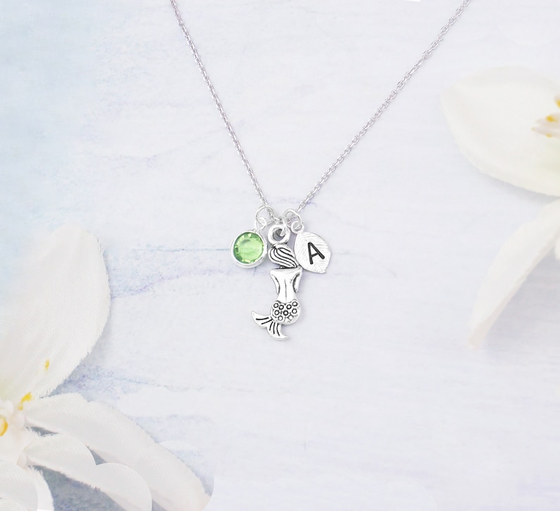 Personalized mermaid birthstone necklace. Choose silver or gold mermaid necklace. Elegant and dainty engraved initial neckalce image 2