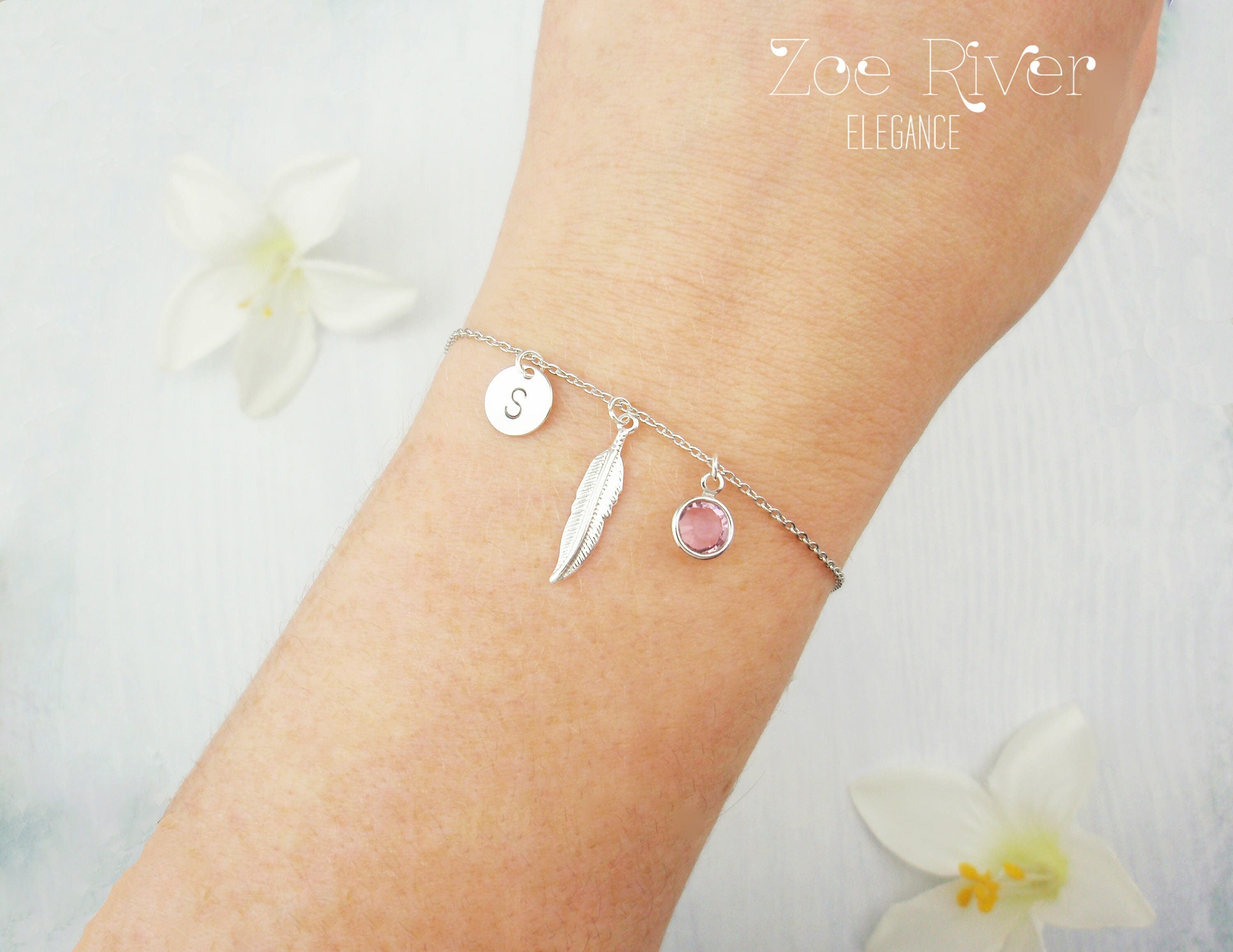 Personalized Initial, Birthstone and Feather Silver