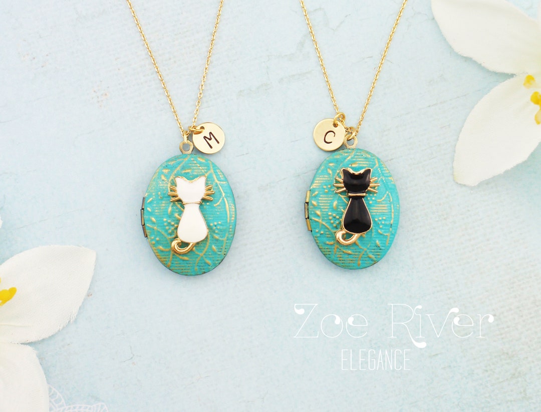 Personalized Cat Locket Initial Necklace. Turquoise Black Cat, White ...