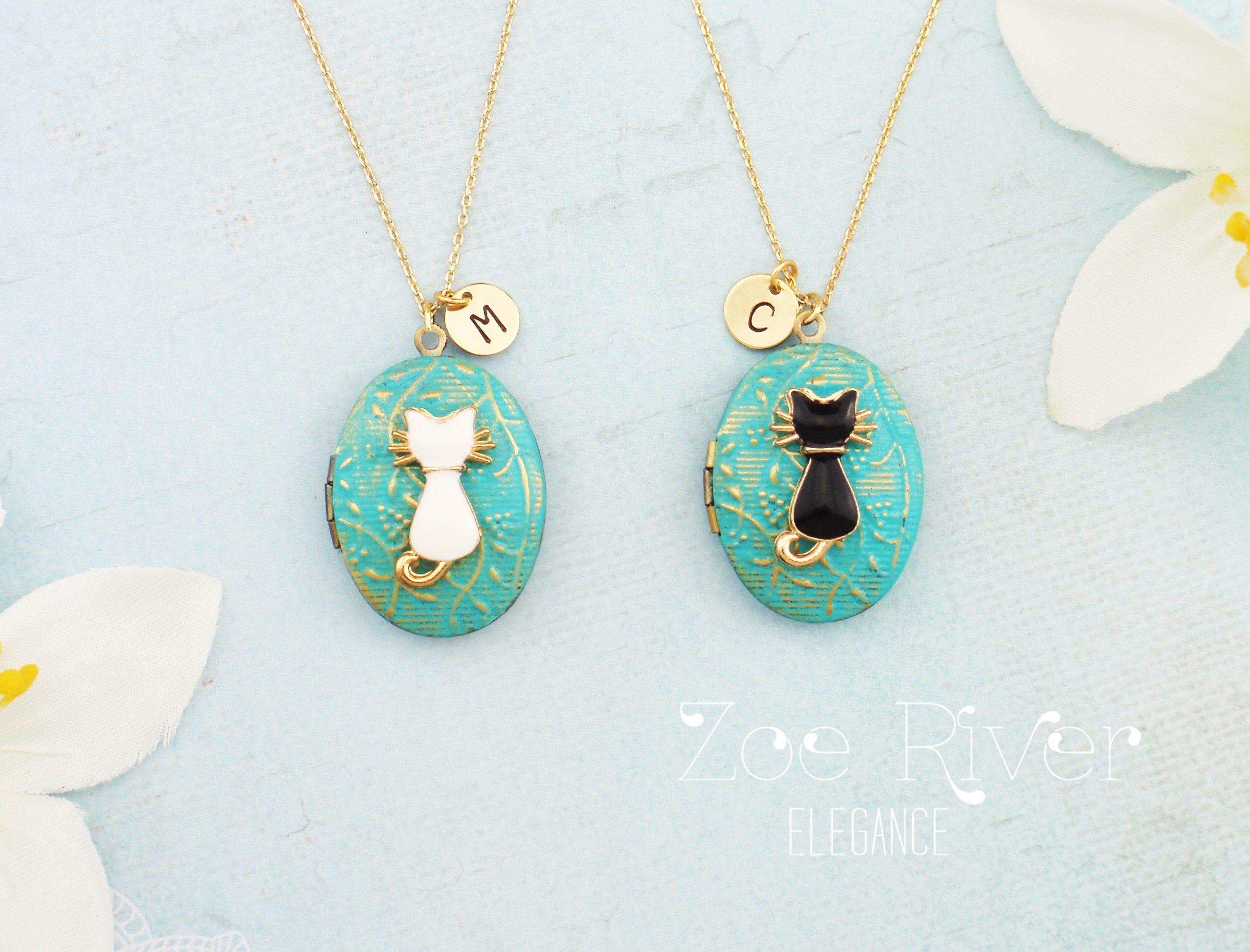 Personalized rabbit or cat locket initial necklace. Turquoise black, white gold silver locket necklace. Pet memorial remembrance, bunny