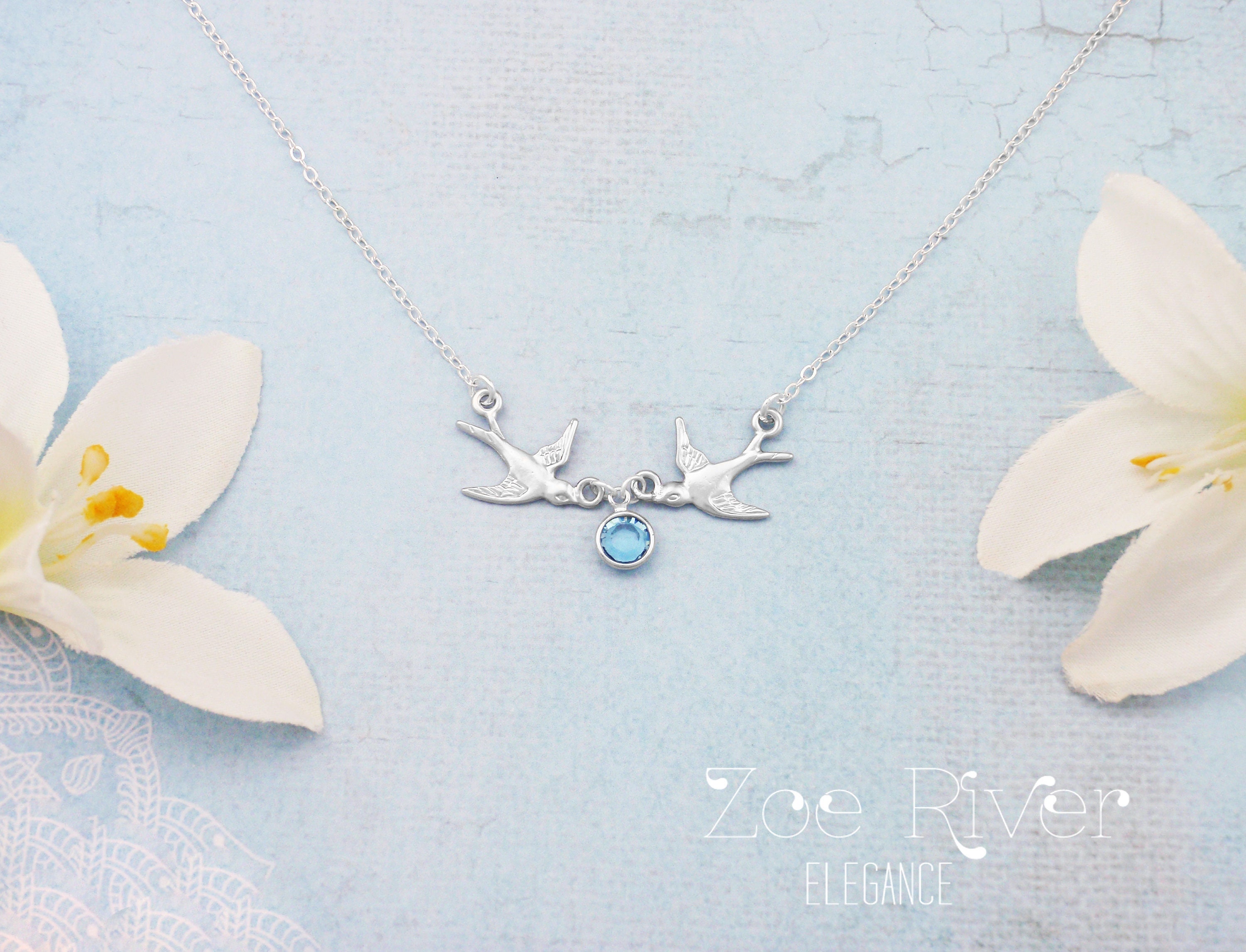 Choose rose gold, silver or gold love bird necklace. Dainty flying bird and birthstone necklace. Elegant 2 bird necklace. Swallow, sparrow