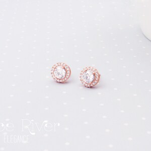 May include: A pair of rose gold stud earrings with a halo of small, clear crystals surrounding a larger, central crystal. The earrings are displayed on a light gray surface with white polka dots. The brand name "Zoe River Elegance" is visible.