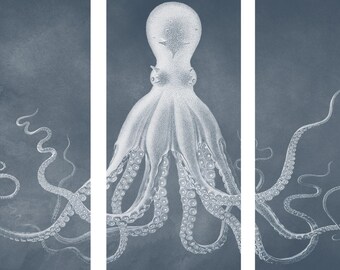 Octopus Triptych, Ready to Hang Nautical Home Decor, Large Kraken Coastal Wall Art