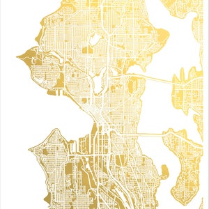 Gold Seattle Map, City Map of Seattle, Gold Foil Print, Seattle  Wall Art, Map of Seattle Foil Pressed Art Gold Foil Map