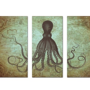 Gift For Dad, Office Art, Octopus Triptych, Octopus on Vintage World Map, Octopus Print, Nautical Decor, Kraken, Coastal Wall Art