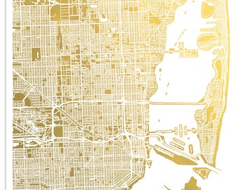 Gold Miami Map, City Map of Miami Gold Foil Print, Gold Print, Foil Art, Map Wall Art,  Gold Art, Miami Map Print, Anniversary Gift
