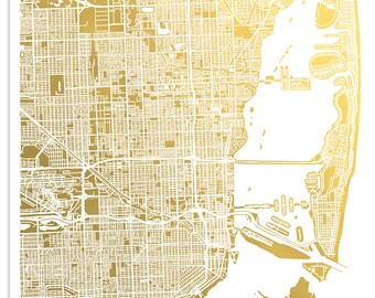 Gold Miami Map, City Map of Miami Gold Foil Print, Gold Print, Foil Art, Map Wall Art,  Gold Art, Miami Map Print, Anniversary Gift