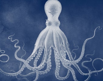 Octopus Art Print, New Navy Blue Nautical Wall Decor