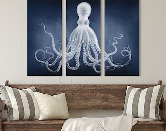 Octopus Triptych: Vintage Nautical Art - Coastal Home Decor
