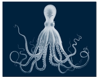Navy Blue Octopus Art Print, Nautical Nursery Wall Decor
