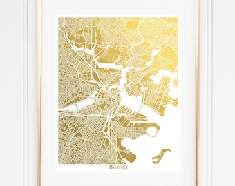 Gold Foil Boston Map Print, Dorm Decor, Graduation Gift, Office Art, Metallic Wall Decor