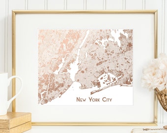 New York City Print, Rose Gold Foil New York City Map, Map Print