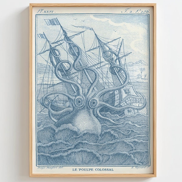 Estampe Kraken, Pieuvre bleue provinciale, Art mural nautique côtier