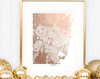 Sydney Map, Sydney Australia Print, Art Deco Print, Rose Gold Foil Print, Foil Pressed Map, Vacation or Anniversary Memoir