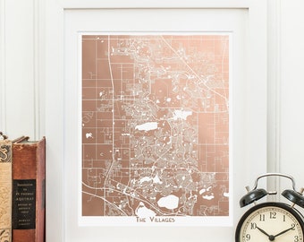 The Villages Map in Rose Gold Foil, City Art, City Map of The Villages is Florida, Rose Gold Foil Print, Foil Pressed Map, Housewarming Gift
