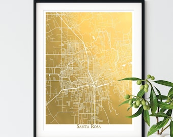 Santa Rosa Gold Foil Print, Map of Santa Rosa California, Map Home Decor, Shiny Foil Map, Housewarming Gift, Office Wall Art