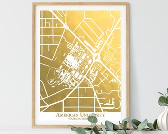 American University Campus Map, Gold Foil Print, Gold Foil Map, Graduation Gift, College Acceptance Gift, AU Washington, DC