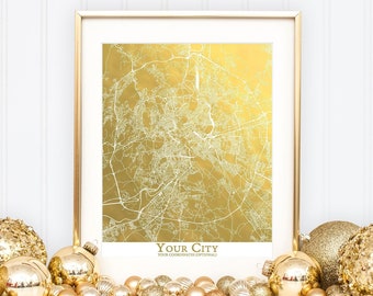 Custom Gold Foil City Map Print, Anniversary or Housewarming Gift, Travel Memento, Office Wall Art, Personalized Map
