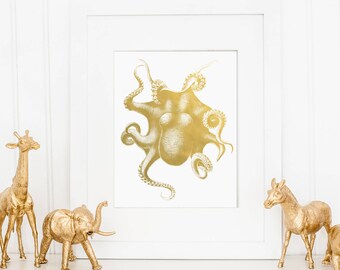 Gold Foil Octopus Print, Gold Foil Print, Child's Room Art, Gold Foil Nautical Decor, Gold Wall Art, Animal Wall Decor