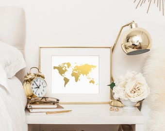 World Map Print, Gold Foil Map, Gold World Map, Gold Map Print, Map of the World, The Golden World Print Foil Pressed Art, Foil Map
