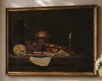 Memento Mori Skull Art, Dutch Vanitas Still Life Print, Violin, Globe, Candle & Books, Gothic Wall Art, Dark Academia
