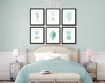 Sea Life Illustrations Print Set of 6, Light Seafoam Green Beach & Shore House Decor, Coastal Farmhouse Wall Art, Nursery Sea Prints