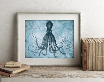 Aqua Blue Octopus Wall Art, Octopus Print, Octopus on Nautical Map, Nautical Wall Decor, Kraken, Octopus Decor, Coastal Wall Art