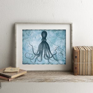 Aqua Blue Octopus Wall Art, Octopus Print, Octopus on Nautical Map, Nautical Wall Decor, Kraken, Octopus Decor, Coastal Wall Art