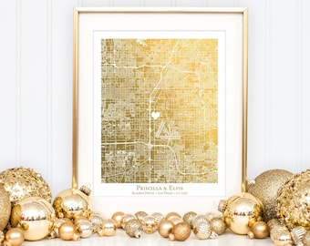 Carte personnalisée, cadeau sur mesure pour couple, impression feuille d'or, plan de la ville personnalisé, carte feuille d'or, art mural carte, cadeau de jeunes mariés, souvenir d'anniversaire