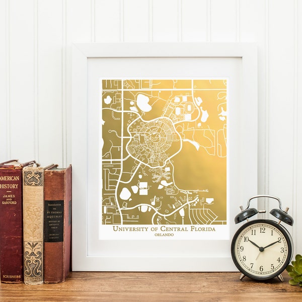 University of Central Florida Campus Map, Gold foil Map of the University of Central Florida, Graduate Gift, College Map