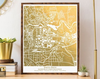 Personalized Graduation Gift, College Campus Map in Shiny Gold Foil, Gold Foil Print, Bespoke Map, College Acceptance Keepsake, Alma Mater