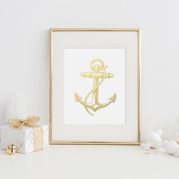 Nautical Print, Gold Foil Anchor Art Print, Anchor Poster, Nautical Wall Art, Coastal Wall Art, Beach Home Decor, Shore House Decor