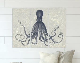 Navy and Seafoam Octopus Triptych with Sea Life Background, Lord Bodner, Large Wall Art, Shore House Art, Coastal Chic Decor