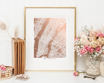 New York City Map in Rose Gold Foil, Map of New York, Great Graduation or Anniversary Gift, Travel Souvenir