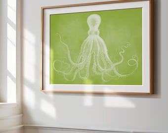 Wasabi Green Octopus Art Print, Beach Home Wall Art, Maximalist Coastal Decor