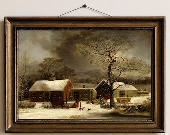 Winter Scene in New Haven Print, Vintage Christmas Wall Art, Connecticut Snow Landscape, New England Farmhouse Decor, George Henry Durrie
