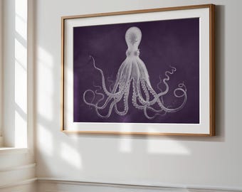 Octopus Art Print in Blackberry Purple, Vintage Kraken Nautical Wall Decor, Beach House Art
